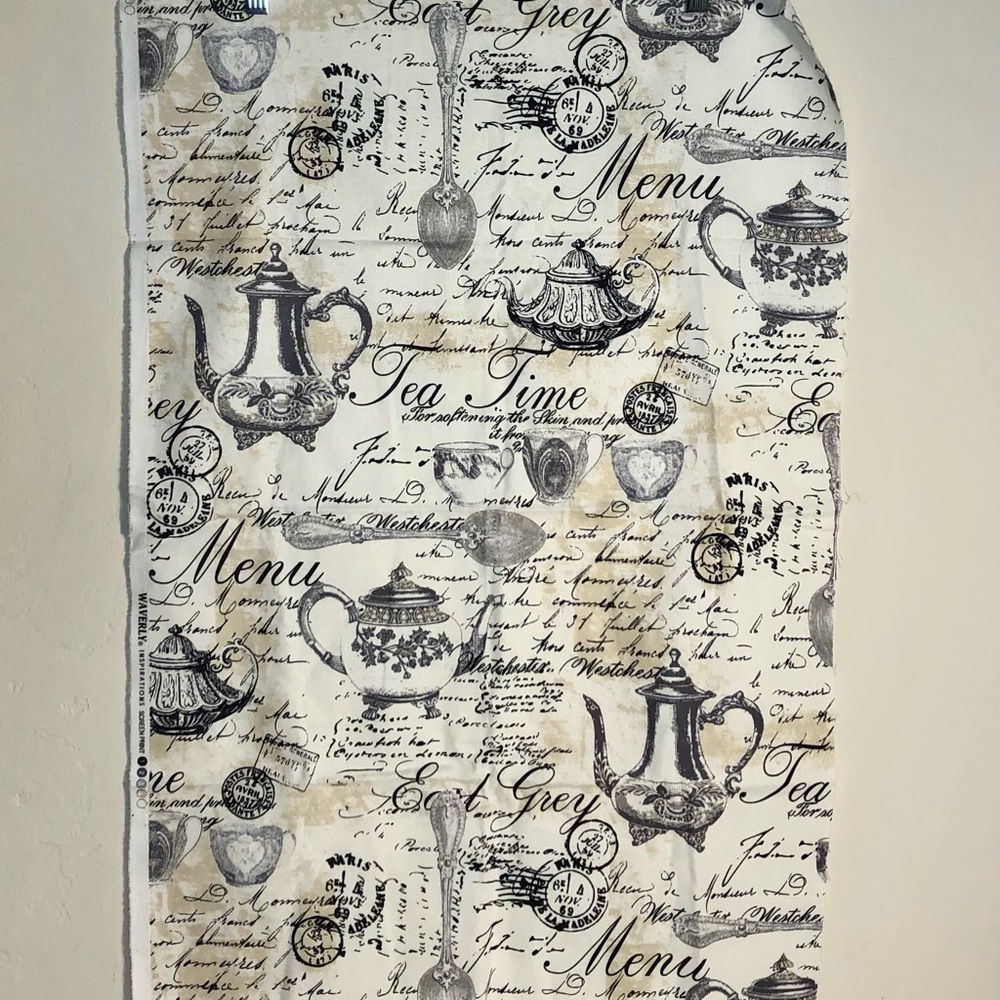 Waverly Black and Cream Teapot French Inspired Script Fabric Remnant